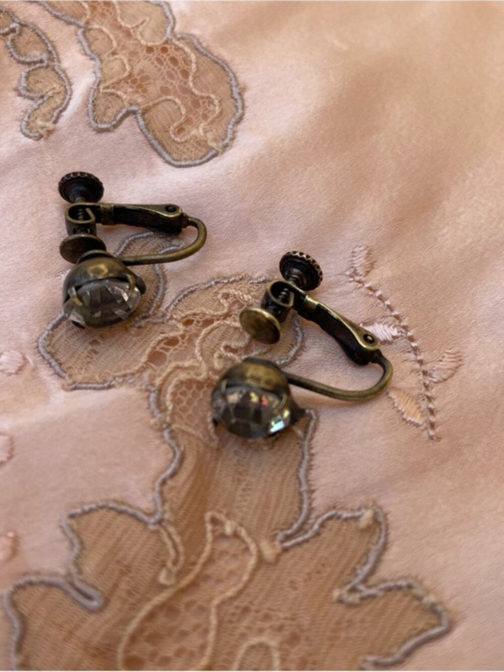 Vintage Antique Brass Crystal Screw Back Earrings Non Pierced
